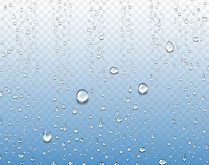 Vector raindrops on glass. Droplets on transparent window. Realistic pure water drops condensed. Vapor bubbles
