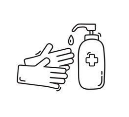 Vector monoline soap gel bottle sanitizer and rubber gloves icon. Simple element illustration for coronavirus covid-19. Personal hygiene and disinfection notice