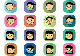 Set of different diseases vector icon.Young woman and man with different types of pains and diseases Sick woman,thin line style,headache, patient,sickness.Vector health and different ill concept.