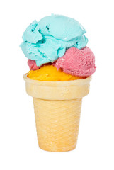 Ice cream with colorful balls in a waffle cup