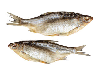 two dried fish lie in opposite directions on a white background for your design or beer bar menu