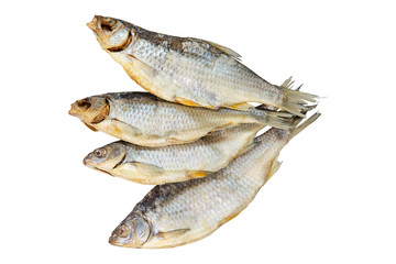 four dried fish on a white background for your design or beer bar menu