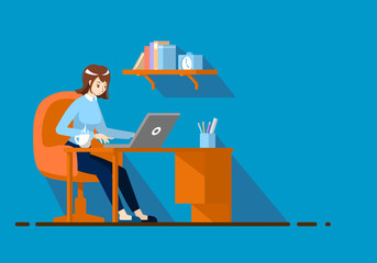 Cute freelance girl working on a notebook on blue background.Vector illustrator.