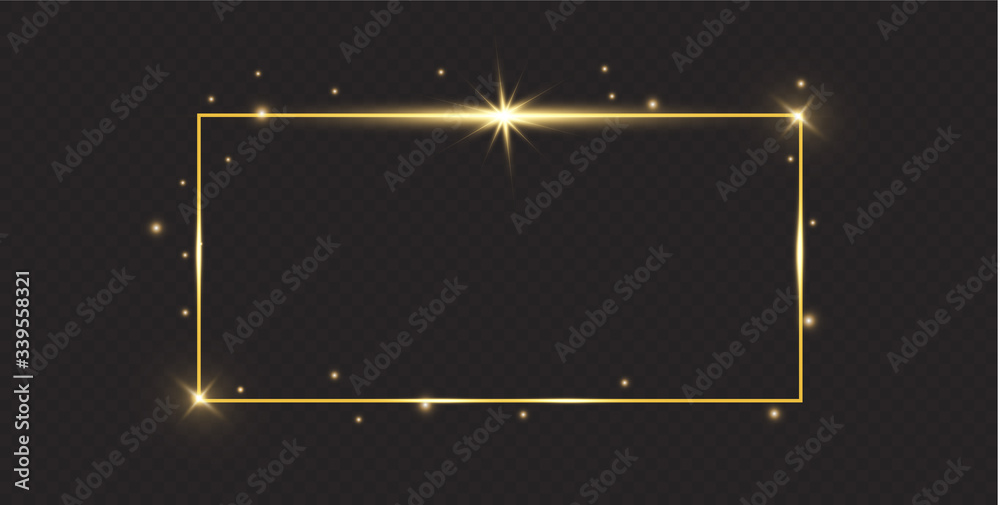 Poster golden frame with lights effects. shining rectangle banner. isolated on black transparent background