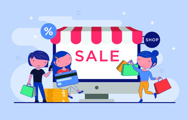 Shopping Online on Website or Mobile Application Vector Concept Marketing and Digital marketing. 