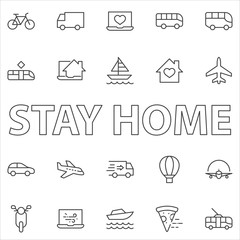 Set of Public Transport Related Vector Line Icons. Contains such Icons as Bus, Bike, Scooter, Car, balloon, Truck, Tram, Trolley, Sailboat, powerboat, Airplane and more. Editable Stroke. 32x32 Pixel