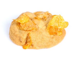 Raisin and cornflake cookies on white background