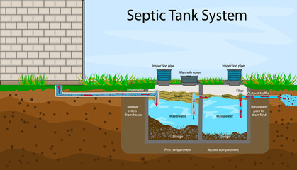 Septic Tank diagram. Septic system and drain field scheme. An underground septic tank illustration. Infographic with text descriptions of a Septic Tank. Domestic wastewater. Flat stock vector