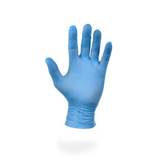 Obraz premium Hand in blue medical glove isolated on white background. 