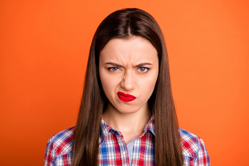Portrait of pensive minded girl hear friend choice decisions dont like grimace face reject wear...