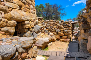 Arzachena, Sardinia, Italy - Archeological ruins of Nuragic complex La Prisgiona - Nuraghe La Prisgiona - with main entrance to stone tower of Neolithic fortress