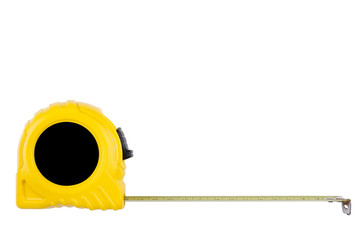 Yellow measuring tape isolated on white background, Side View. COPY SPACE.