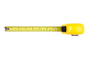 Yellow measuring tape isolated on white background, Top View.  8 in.