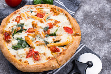 Italian pizza with tomato, mozzarella and chicken