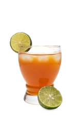 Iced lemon tea with lemon and ice isolated on a white background 