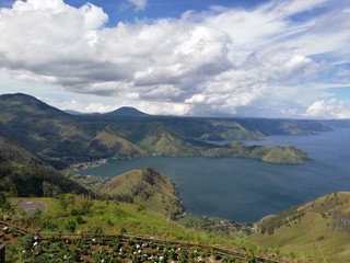 Naklejka na ściany i meble view of Lake Toba from Indonesia's Simalem hills