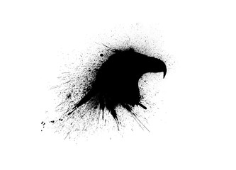 Black eagle head silhouette with paint splashes, splatters and blots isolated on a white background.