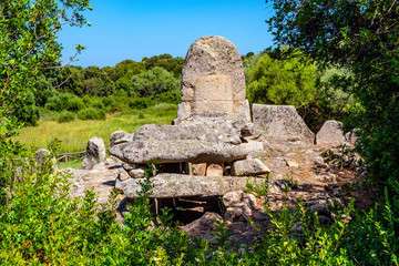 Arzachena, Sardinia, Italy - Archeological ruins of Nuragic necropolis Giants Tomb of Coddu Vecchiu...