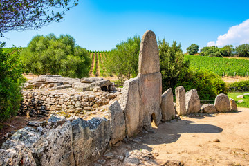 Arzachena, Sardinia, Italy - Archeological ruins of Nuragic necropolis Giants Tomb of Coddu Vecchiu...
