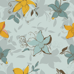 Fototapeta na wymiar Vector blue seamless pattern background with flowers. 