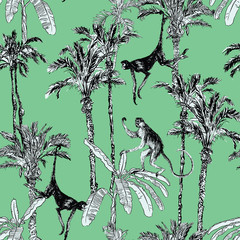 Seamless Pattern Monkeys in Jungle Forest Palms Trees Wildlife Vintage Outline Drawing on Emerald Color Background, Hand Drawn Banana Leaves, Exotic Plants with Wild Animals, Oriental Nature Print