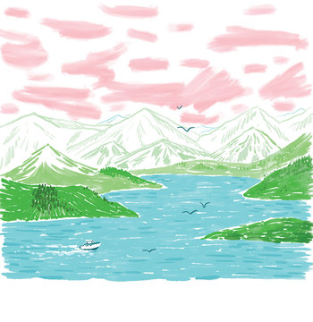 Illustration of lake with mountains in background