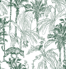 Seamless Pattern Palm Trees Jungle Lithograph Outline, Leopard, Parrots, Hoopoe Animals and Birds in Tropical Plants, Doodle Drawing Exotic Trees Blue on White Background - 339565955