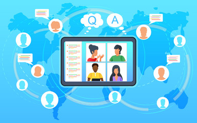 Online video conference. People on computer screen having discussion with colleagues in video call. Freelance characters working from home. Videoconferencing and online meeting, virtual work workspace