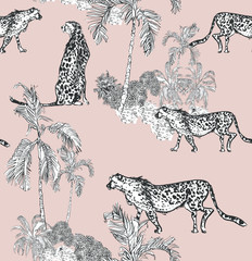 Seamless Pattern Tropical Jungle Lithograph Illustration Cheetah Animals on Safari Desert, Wildile in Palm Trees Doodle Drawing on Pink Background, African Motifs Textile Design