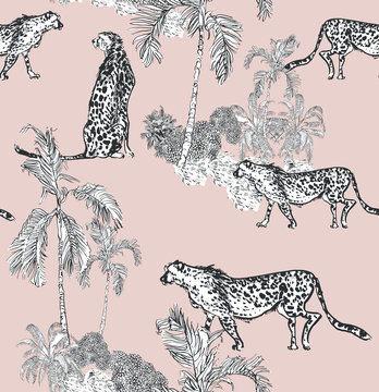 Seamless Pattern Tropical Jungle Lithograph Illustration Cheetah Animals On Safari Desert, Wildile In Palm Trees Doodle Drawing On Pink Background, African Motifs Textile Design