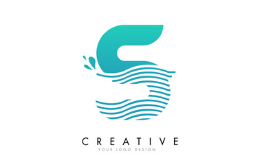 S Letter Logo with Waves and Water Drops Design. - obrazy, fototapety, plakaty