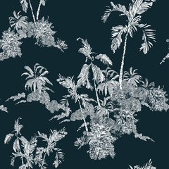 Seamless Pattern Tropical Plants on Islands with Big Palm Navy Blue Background