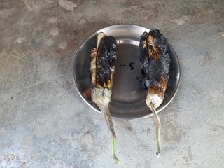 Roasted Brinjal or eggplant on the plate.Grilling Brinjal or  aubergine on  the bowl in  traditional style. Brinjal  is a plant species in the nightshade family. It is a famous vegetable.
