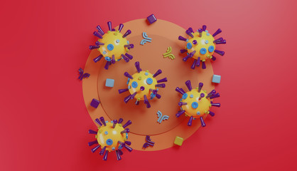 3D Illustration of a Colorful Virus Toy Covid-19 for Children's Education, Paper Cell, Magenta Background