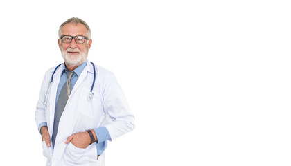Portrait of mature medical people caucasian doctor senior man posing in confidence isolated on white panoramic background with copy space