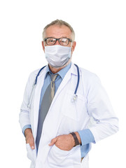 Portrait of mature medical people caucasian doctor senior man wearing protective mask to protect coronavirus outbreak isolated on white background