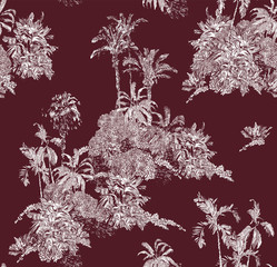 Seamless Pattern Vintage Etching Tropical Islands Wallpaper Design, Jungle Pattern White on Brown Background, Exotic Plants Palms at the Sea, Ocean Realistic Drawing