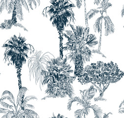 Tropical Palms and Trees Indigo Blue Color Hand Drawn One Line Engraving Jungle, Tropics Textile Design, Realistic Exotic Plants Toile Seamless Pattern - 339569377