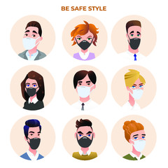 People avatars wearing medical masks vector set