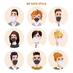 People avatars wearing medical masks vector set