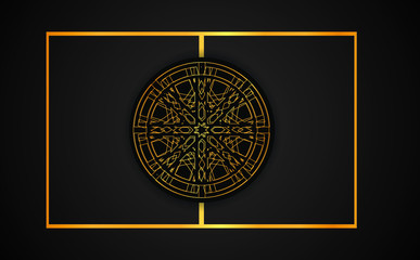 Mandala. Gold round ornament pattern on black background.