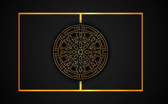 Mandala. Gold round ornament pattern on black background.