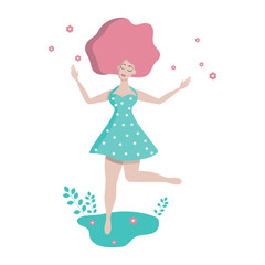A girl in a dress. Cheerful happy plump woman in a green dress. Flowers Happiness. Body positive. Trend illustration in flat and cartoon style. Isolated object on a white background.