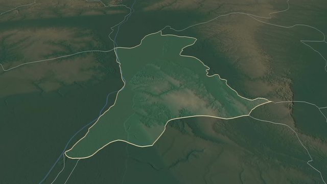 Anambra, state with its capital, zoomed and extruded on the relief map of Nigeria in the conformal Stereographic projection. Animation 3D