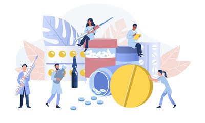 International pharmacy business concept with diverse people holding medication, hypodermic, thermometer, pills and , a prescription, vector illustration