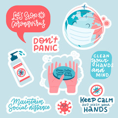 Coronavirus prevention sticker set. Hand drawn pack with lettering How to protect yourself - hand washing, avoid , sanitizer, don't panic. Cartoon badges with lettering quotes about COVID-19 .