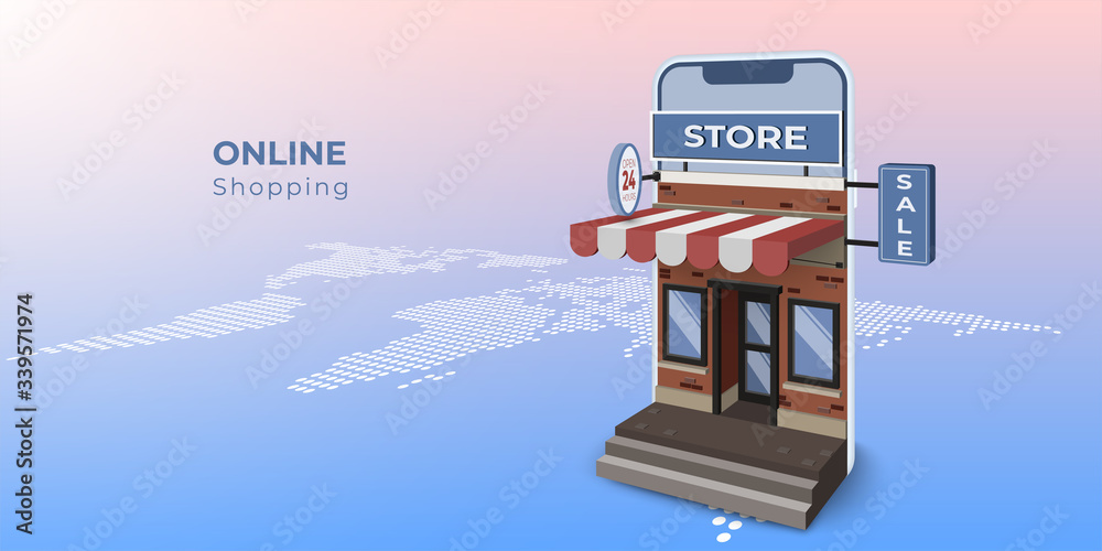 Poster online shopping with mobile application. business digital marketing concept. store building with sma