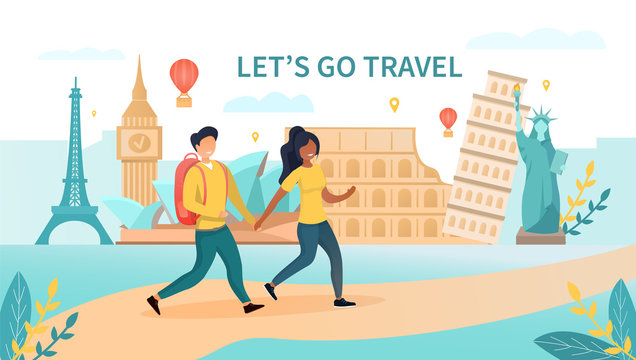 Travelling concept with a multiethnic couple walking against the eiffel tower, coliseum and statue of liberty. Vector illustration