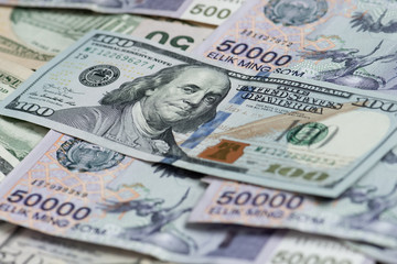 Different banknotes of american dollars on uzbek sums (soums)