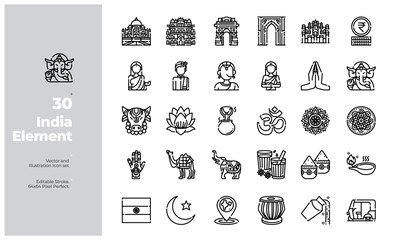 Vector Line Icons Set of India Element Icon. Editable Stroke. Design for Website, Mobile App and Printable Material. Easy to Edit & Customize.